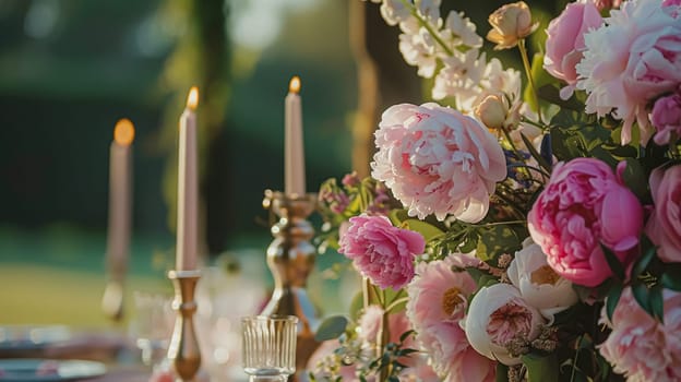 Wedding decoration with peonies, floral decor and event celebration, peony flowers and wedding ceremony in the garden, English country style