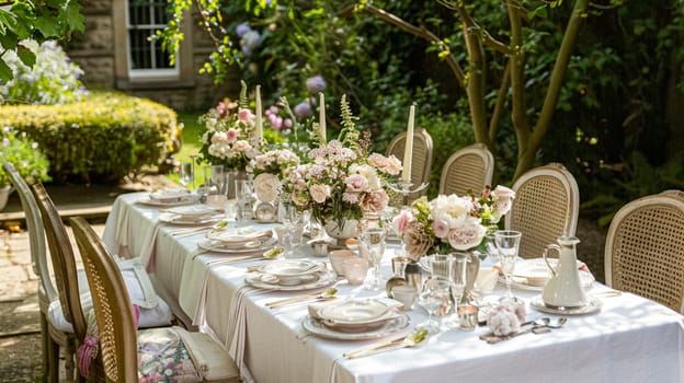 Summer party celebration in the garden, outdoor lounge and countryside house patio decor, English country cottage house design idea