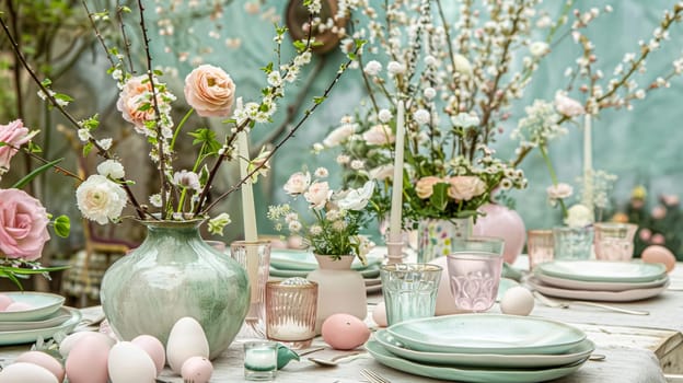 Easter tablescape decoration, floral holiday table decor for family celebration, spring flowers, Easter eggs, Easter bunny and vintage dinnerware, English country and home styling