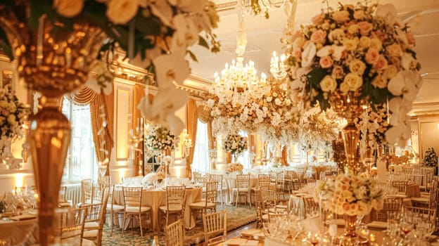Grand wedding decoration in the country manor, floral decor and event celebration, flowers, wedding aisle and tablescape in the garden, English countryside style idea