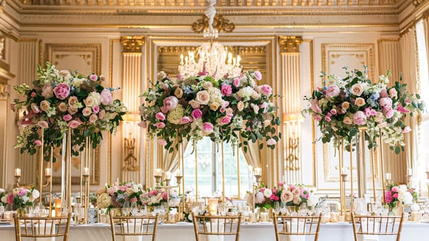 Grand wedding decoration in the country manor, floral decor and event celebration, flowers, wedding aisle and tablescape in the garden, English countryside style idea