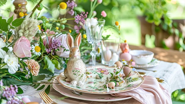 Easter tablescape decoration, floral holiday table decor for family celebration, spring flowers, Easter eggs, Easter bunny and vintage dinnerware, English country and home styling