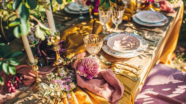 Table decor in a summer garden, holiday tablescape and dinner table setting, formal event decoration for wedding, family celebration, English country and home styling idea