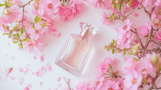 Perfume bottle in flowers, fragrance on blooming background, floral scent and cosmetic product idea