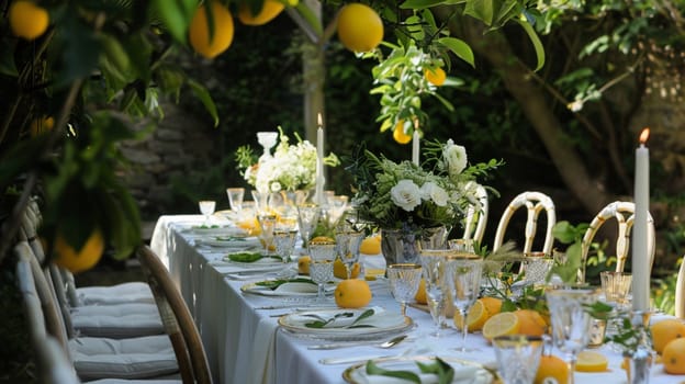 Table decor with fruits in citrus garden, holiday tablescape and dinner table setting, formal event decoration for wedding, family celebration, English country and home styling