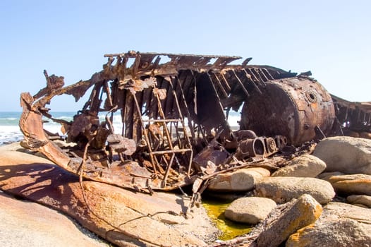 Wreck of the Aristea, a fishing trawler that ran aground on 4th July 1945 at Hondklipbaai. The ship also served as mine sweeper in World War 2