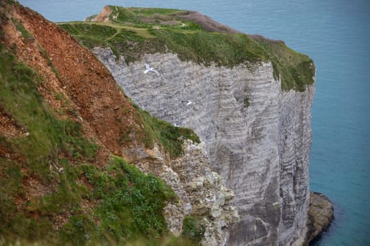 high rocks near etretat in normandy france, with the big cliffs and green fields with the sea as background