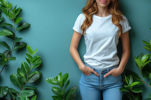 A young woman with long, wavy blonde hair is standing in front of a teal wall. She is wearing a plain white t-shirt and blue jeans. Her hands are in her pockets, and she is looking directly at the camera. There are green plants on either side of her.