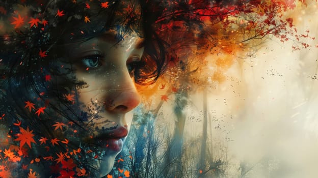 A digital painting depicting a womans face partially obscured by falling leaves in a dreamy, autumnal forest. The colors are warm and vibrant, creating a sense of magic and wonder.
