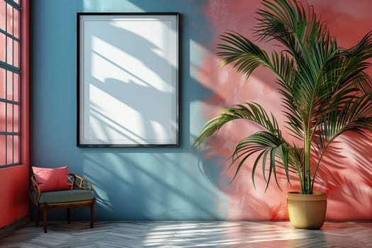 This image shows a modern living room interior with a large, empty picture frame on a blue wall. There is a single chair to the left of the frame and a potted palm tree to the right. The wall is divided by a pink wall with a soft, blurred look.