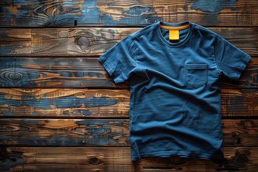 A blue t-shirt with a small pocket is laid out flat on a weathered wooden surface. The shirt is made of a soft, comfortable fabric and has a simple, classic design. The wooden background is rustic and distressed, adding a touch of vintage charm to the image.