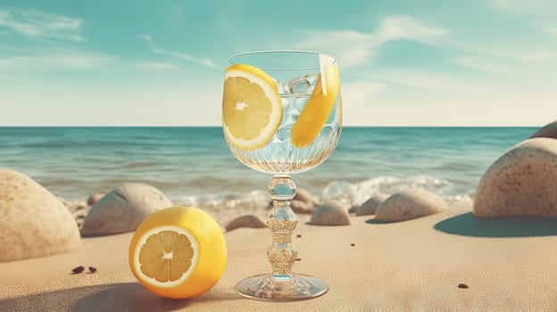 Glass with lemon water in the sand of the beach. Vacation scene with lemonade glass on the shore line. Generative AI.