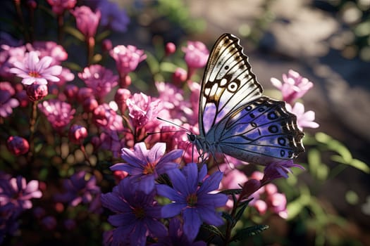 Butterfly on the colorful flowers and plants. Calm nature scene with dreamy colors. Generated AI
