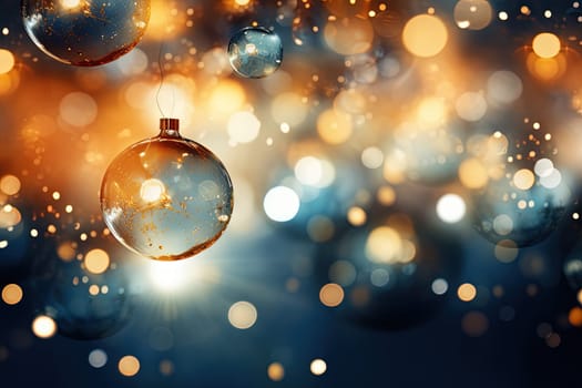 Christmas glass balls on the blurred background with bokeh. Winter holidays greeting card. Generated AI
