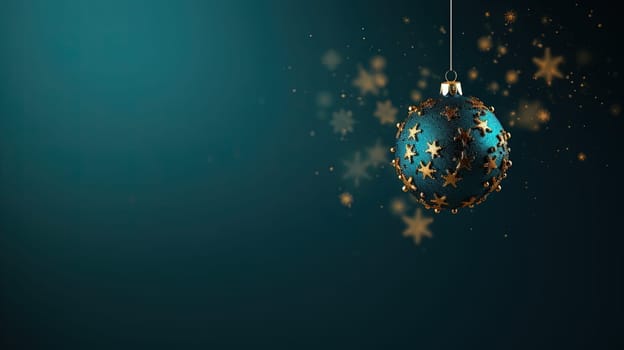 Beautiful Christmas bauble hanging on the background with snow sparkles. Xmas wither holiday card with glass ball. Generated AI