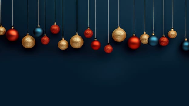 Christmas balls hanging in line on blue background. Winter holiday card with baubles. Generated AI