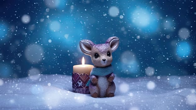 Christmas candle on the snow with cute animal toy and snowfall. Generated AI