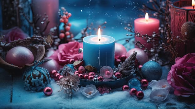 Christmas decoration with candles and baubles. Xmas card template with winter holidays ornament, candles and balls. Generated AI