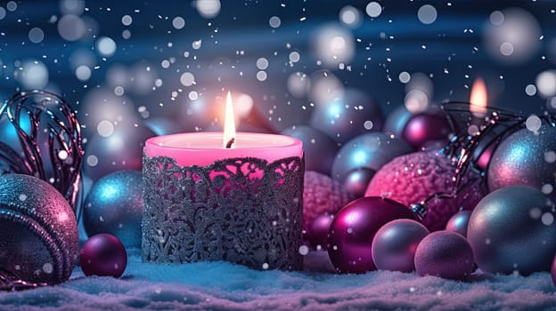 Christmas decoration with candles and baubles. Xmas card template with winter holidays ornament, candles and balls. Generated AI