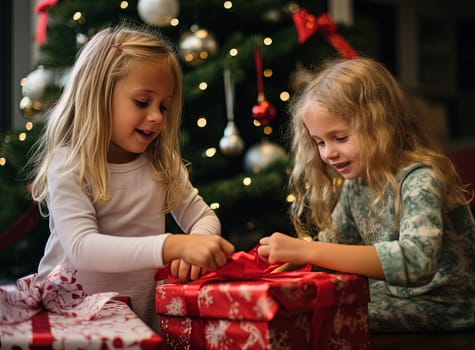 Children unpacking Christmas gift. Kids opening presents during winter holidays. Generated AI