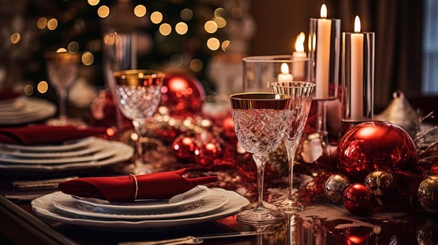Christmas dinner table setting in winter holidays room. Generated AI