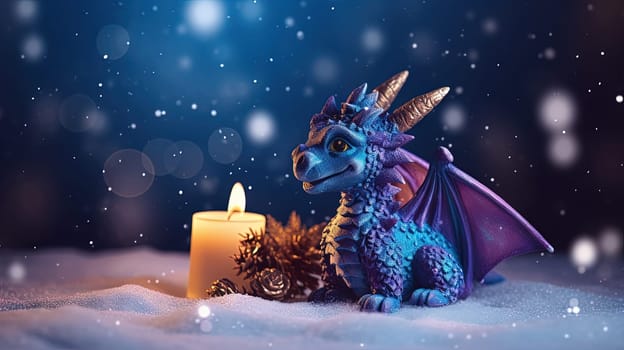 Funny cute dragon with candle for winter holidays and 2024 lunar new year celebration. Generated AI