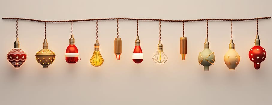 Christmas themed lamps and garlands with cozy holiday lights. Xmas ornament with shiny toys. Generated AI