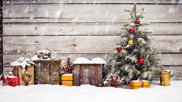 Vintage Christmas outdoor scene with gifts and baubles covered in snow. Generated AI