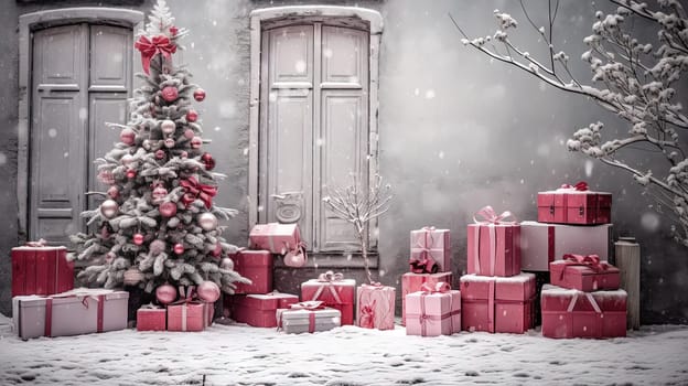 Vintage Christmas outdoor scene with gifts and baubles covered in snow. Generated AI