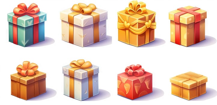 Set of colorful gift boxes with ribbons for Christmas holidays or commercial event. Generated AI