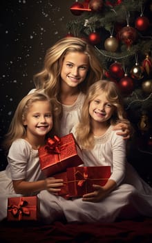 Girls unpacking gifts under the Christmas tree on winter holidays. Xmas family scene. Generated AI