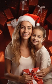 Mother and daughter sitting under the Christmas tree with gifts during winter holidays. Generated AI