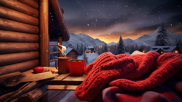 Cozy evening winter scene with relaxing Christmas attributes. Cup of warm drink, wool sock and candle. Generated AI