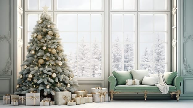 Christmas tree with gifts in the bright room in morning. Winter holidays in light interior. Generated AI