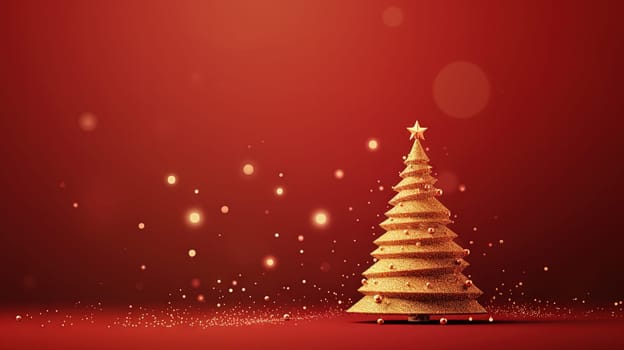 Christmas tree card template with red background. Xmas winter holidays card with fir and golden balls. Generated AI
