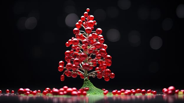 Christmas tree with glass balls on the blurred background with bokeh. Winter holidays greeting card with Xmas fir and baubles. Generated AI