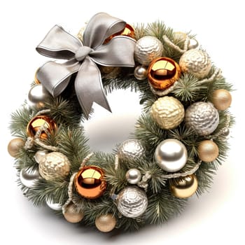 Christmas wreath with shiny baubles anr ribbon. Ornate wreath for winter holidays. Generated AI