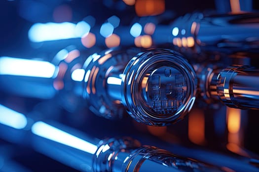 Abstract chrome pipes composition. Industry themed background with shiny metallic connected pipes. Generated AI