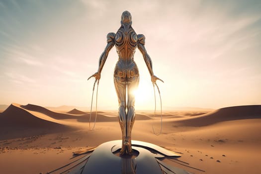 Crome robot woman posing with spread arms. Artificial intelligence rise and shiny. Mechanical beauty. Generated AI