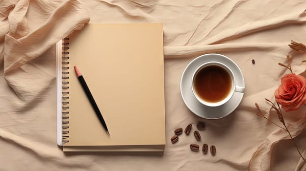 Cup of coffee and notepad with pen composition, top view. Generated AI