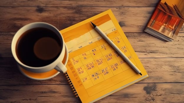 Cup of coffee and notepad with pen composition, top view. Generated AI