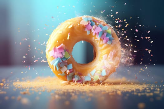 Donut expressive shot with topping and sugar powder splash. Tasty donut food styling image. Generative AI