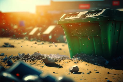 Garbage sorting and ecological problems concept. Colorful trash bin and consumerism waste products. Generated AI