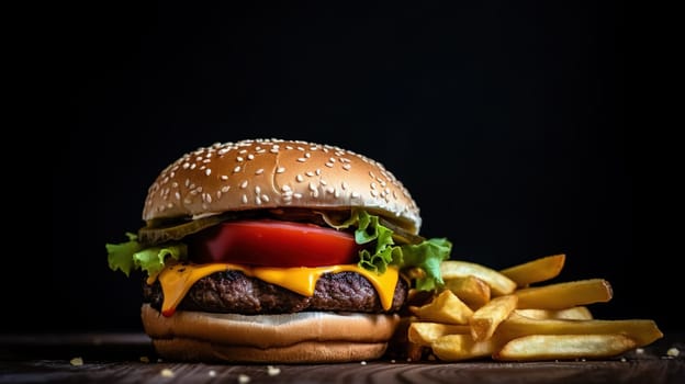 Juicy tasty hamburger on the table. Fast food image of a burger with grilled meat. Generated AI