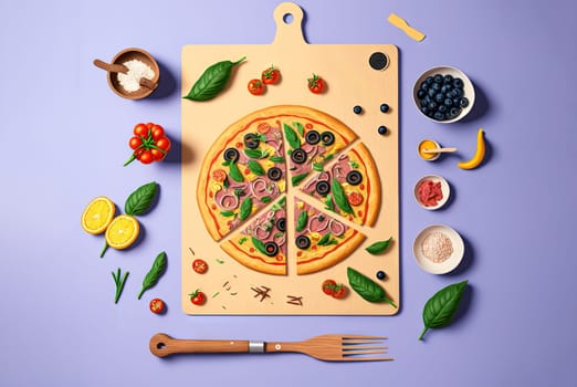 Pizza on the plate with all ingredients. Drawing style. Generated AI
