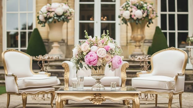 Wedding decoration with peonies, floral decor and event celebration, peony flowers and wedding ceremony in the garden, English country style