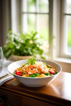 Pasta with shrimps, and vegetables, organic food, meal for lunch or dinner, tasty recipe, post-processed, generative ai