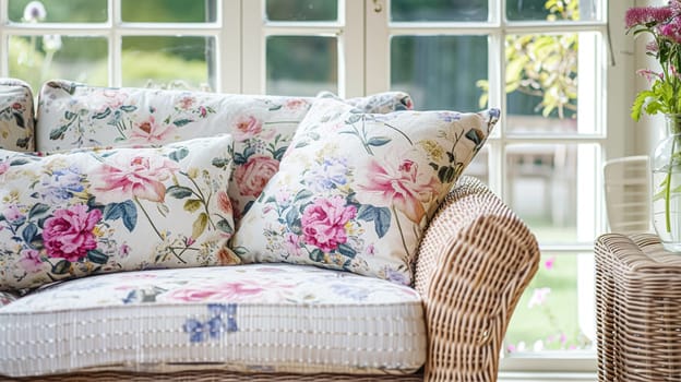 Cottage conservatory room decor, interior design and house improvement, garden furniture with sofa and home decor, English country house