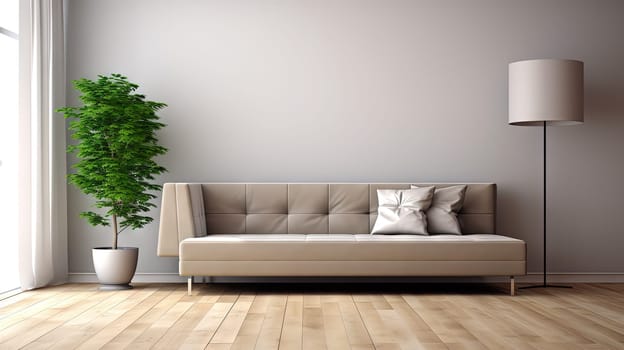 Interior with sofa in modern design. Wide couch in the contemporary room. Generated AI