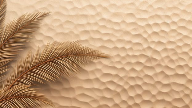 Plam leaf on the tropical beach sand. Vacation and relaxation concept with dry palm leaf on the hot summer beach. Generated AI